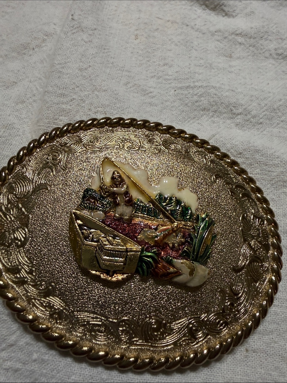 Gold-Tone Men's Decorative Fishing Scene Belt Buckle Vintage 1978